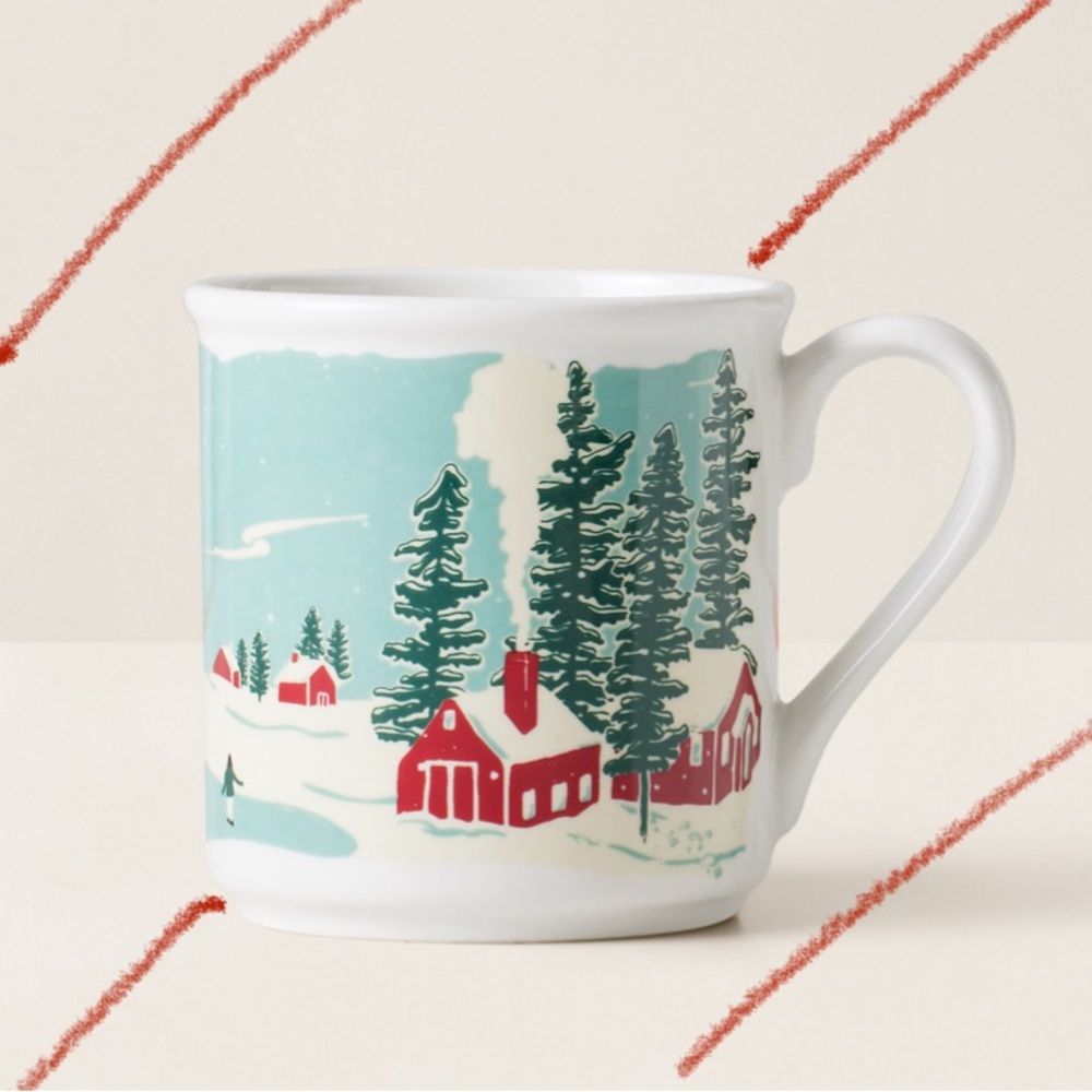 Ralph Lauren Fine Porcelain Coffee Mug ☕️ w/Scenic Winter-White, Blue & Red NWOB